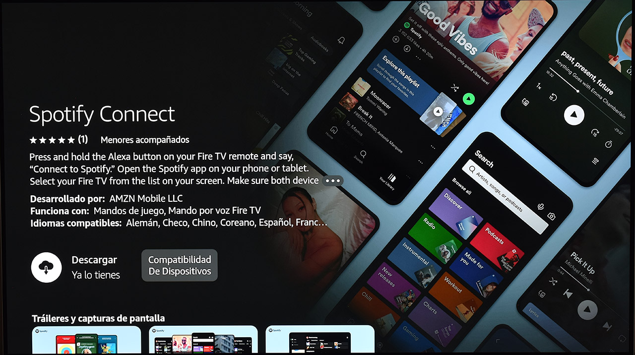 Pantalla de inicio de Spotify Connect en Fire TV, mostrando opciones de conexión y compatibilidad de dispositivos.