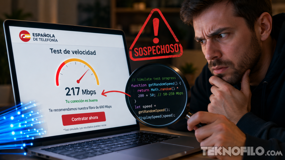 El test de velocidad de Española de Telefonía sería completamente falso Hombre observa test de velocidad de internet con 217 Mbps en pantalla, alerta sospechoso y fragmento de código.