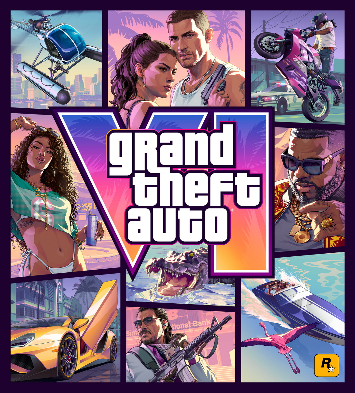 Portada del videojuego Grand Theft Auto VI con diversos personajes y escenas de acción vibrante.
