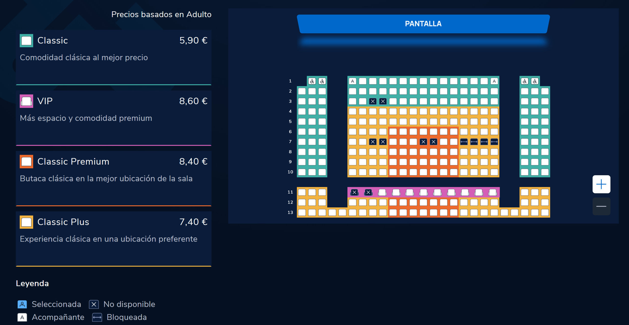 Mapa de asientos de cine con precios para Classic, VIP, Classic Premium y Classic Plus. Elección de butacas.