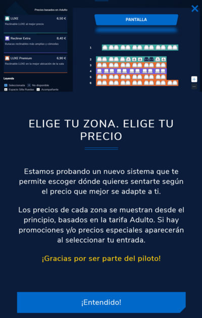 Selector de asientos de cine con opciones de precios y disponibilidad. Elige confort y ubicación ideal.