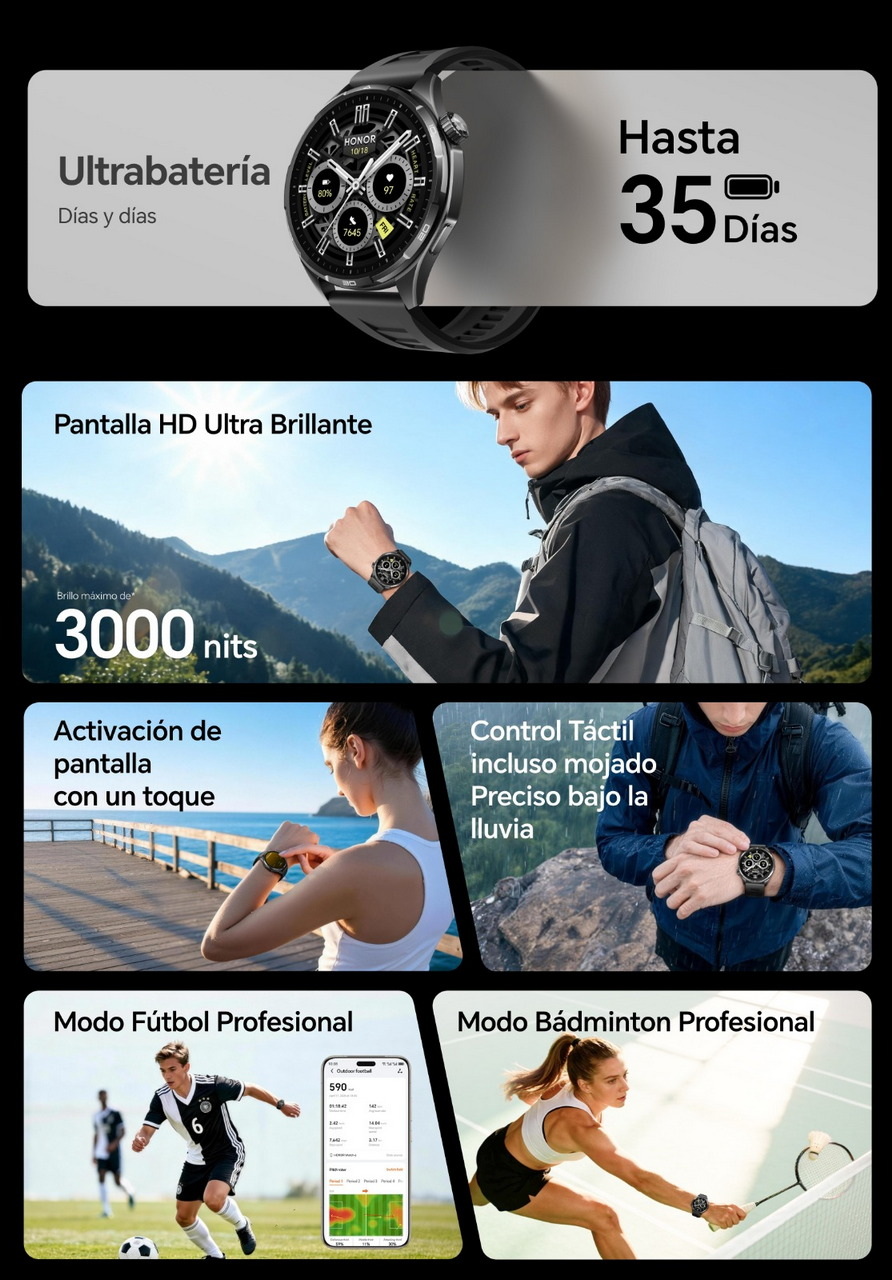 Reloj inteligente con ultrabatería de 35 días, pantalla HD de 3000 nits y modos deportivos avanzados.