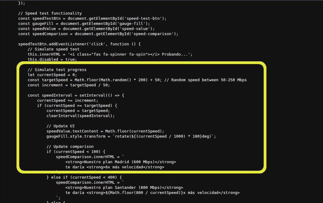 Código JavaScript simulando prueba de velocidad de internet, destacando cálculo y comparación de velocidad.