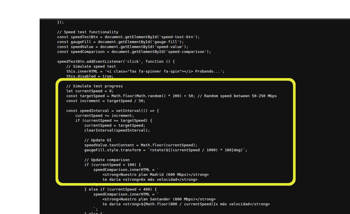 Código JavaScript simulando prueba de velocidad de internet, destacando cálculo y comparación de velocidad.