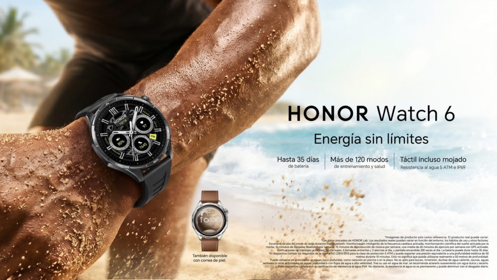 HONOR Watch 6 llega con hasta 35 días de batería, GPS de doble banda y pagos NFC Reloj inteligente HONOR Watch 6 en playa, resistente al agua, hasta 35 días de batería, múltiples modos deportivos.