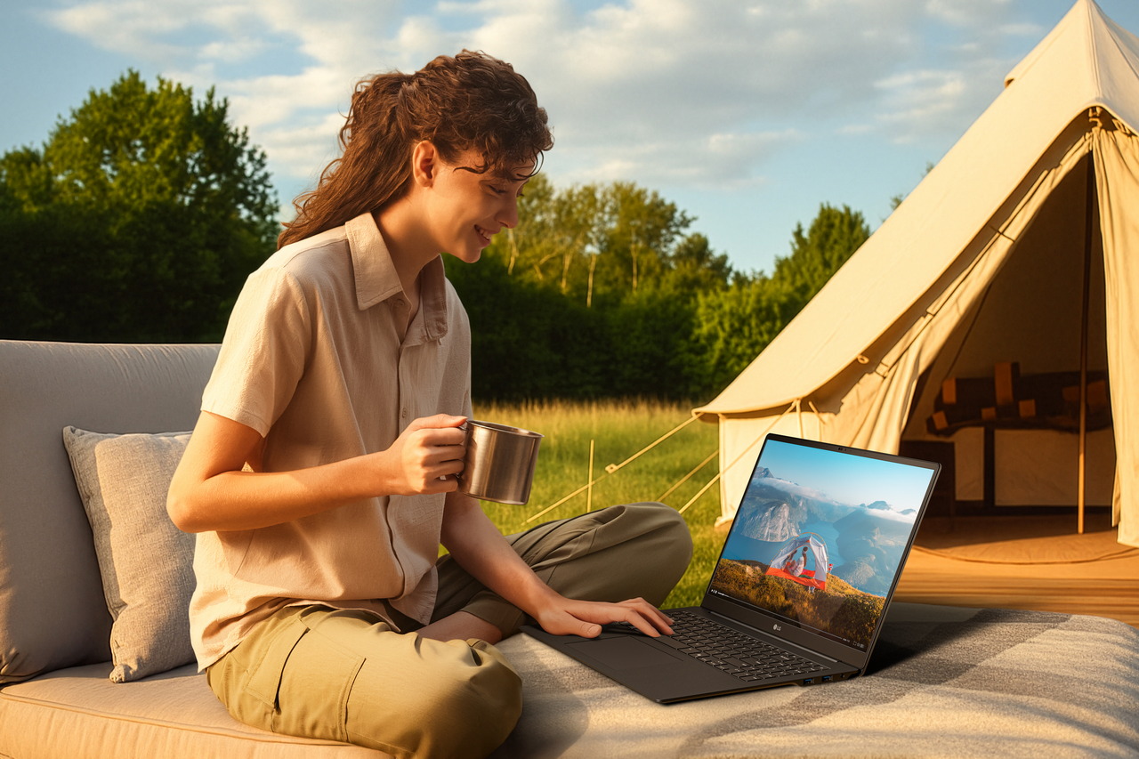 Mujer disfrutando del camping con taza y portátil al lado de tienda, rodeada de naturaleza al aire libre.