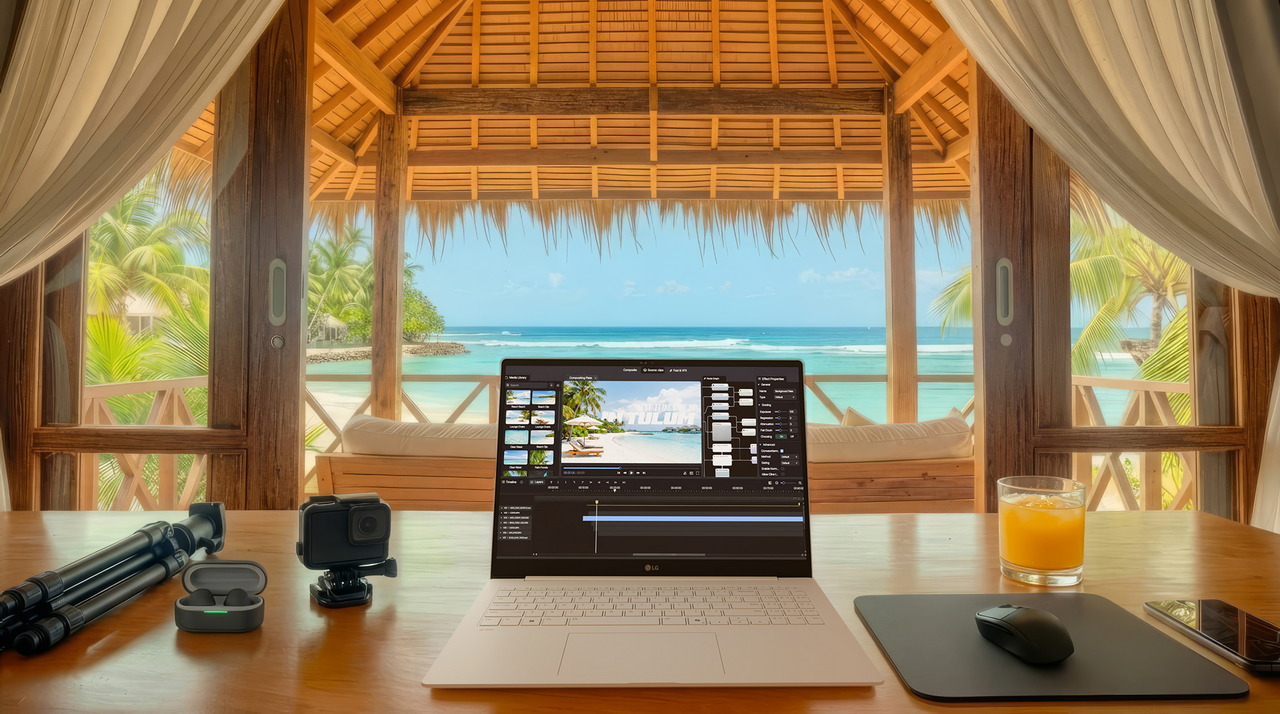 Portátil en terraza frente al mar editando video, con vista a la playa tropical. Estación de trabajo remota.