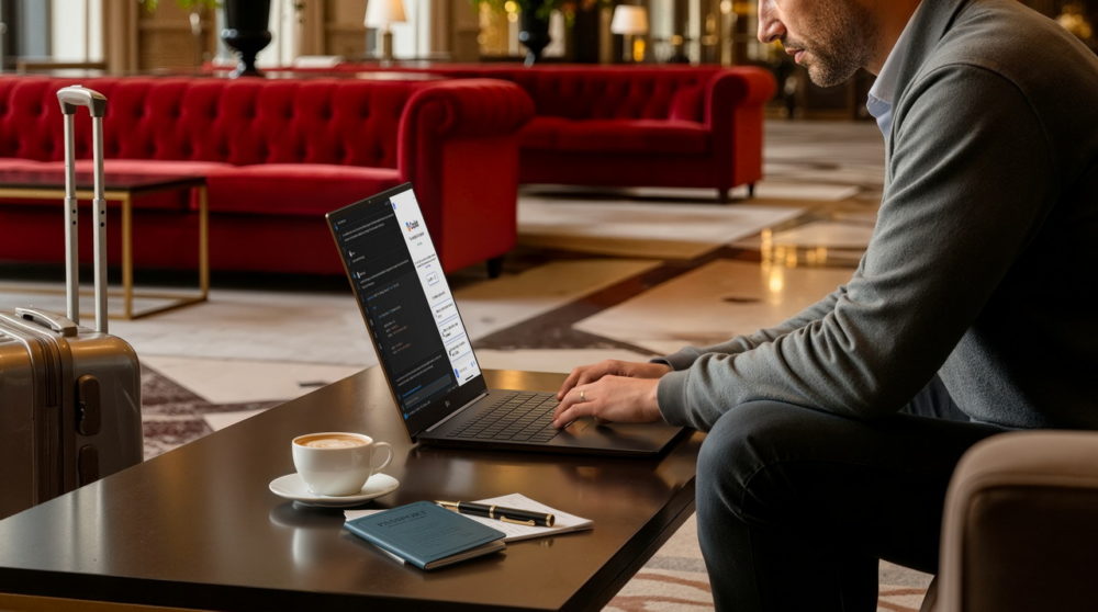 LG gram Pro 2026 llega a España con chasis Aerominum y solo 1.199 gramos Hombre trabajando en laptop en salón de hotel con maleta, café y pasaporte sobre la mesa. Ambiante profesional y acogedor.