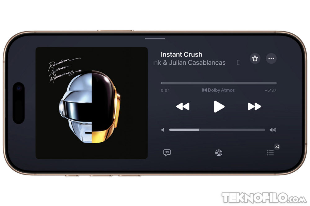 iOS 27 lleva el modo horizontal a más apps: ¿Una pista del iPhone plegable? Reproducción de música Instant Crush de Daft Punk en un smartphone con iconos de control de audio.