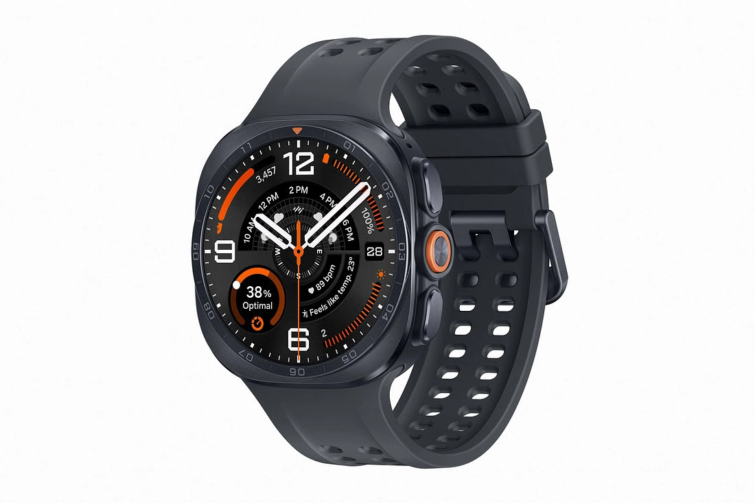 Reloj inteligente con correa negra y pantalla circular, mostrando funciones avanzadas de fitness y seguimiento de actividad.