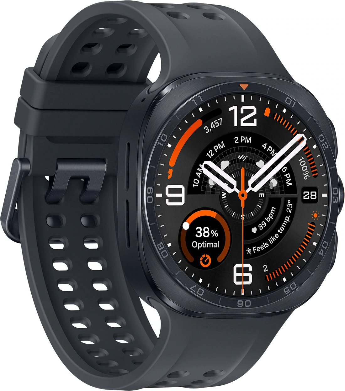 Reloj inteligente deportivo negro con pantalla táctil mostrando hora, pasos y clima en diseño moderno.