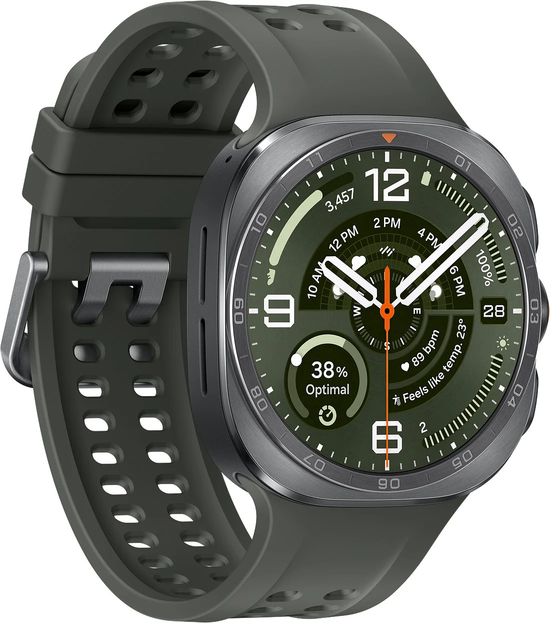 Reloj inteligente con pantalla analógica y correa verde. Funciones deportivas y seguimiento de salud.
