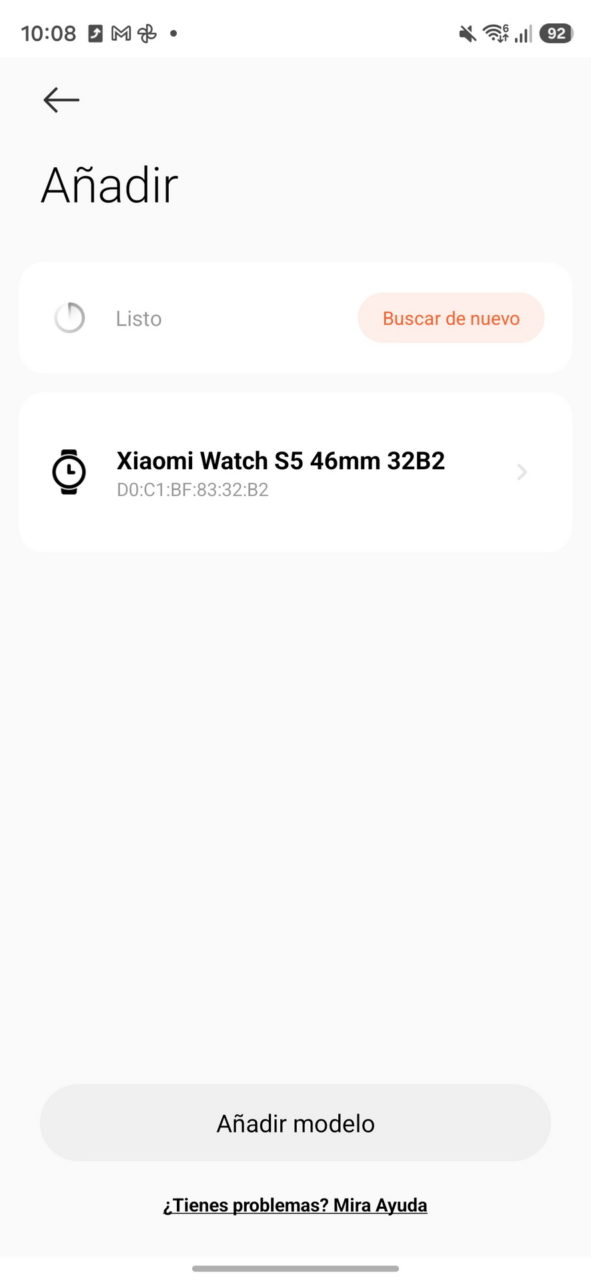 Configura el Xiaomi Watch S5 46mm desde el menú Añadir modelo en la app. Buscar dispositivo nuevo.