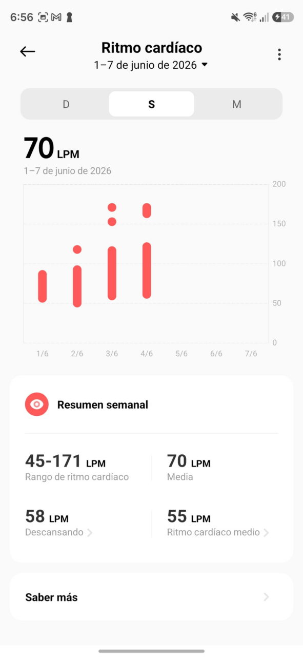 Gráfico de resumen semanal del ritmo cardíaco, promedio de 70 LPM del 1 al 7 de junio de 2026.
