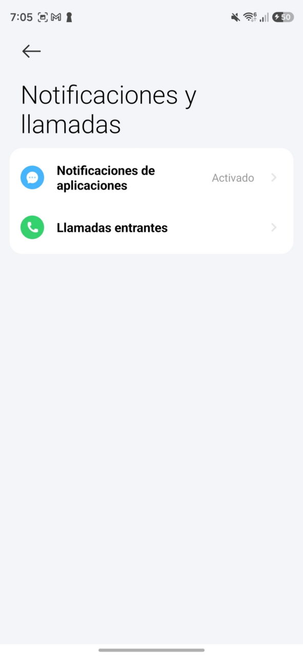 Pantalla de configuración de notificaciones y llamadas en un dispositivo móvil, mostrando opciones activadas.