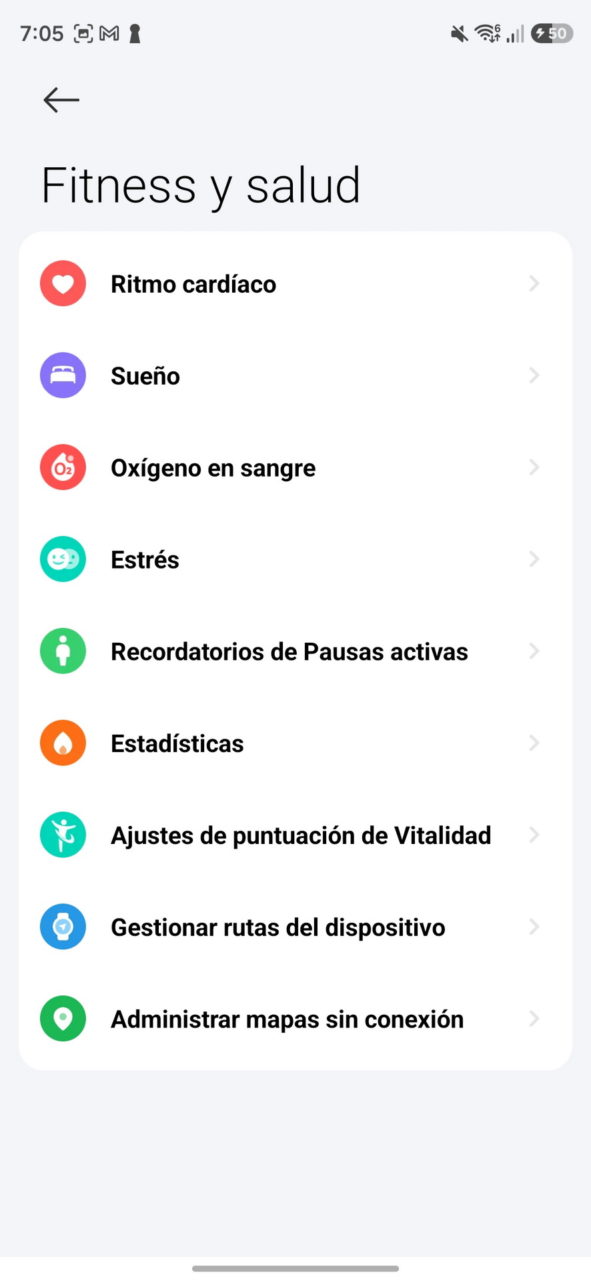 Menú de ajustes de salud y fitness, incluyendo ritmo cardíaco, sueño, estrés y recordatorios de pausas activas.