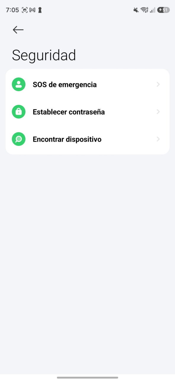 Configuración de seguridad en smartphone con opciones: SOS de emergencia, establecer contraseña y encontrar dispositivo.
