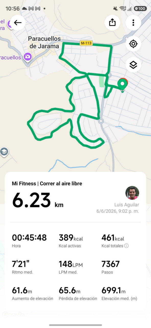 Rastreo de carrera de 6.23 km en Paracuellos de Jarama, con detalles de tiempo, calorías y elevación.