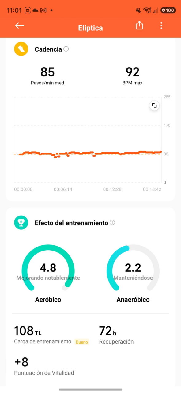 Pantalla de resumen de ejercicio en elíptica: cadencia, ritmo cardíaco, efecto aeróbico y anaeróbico.