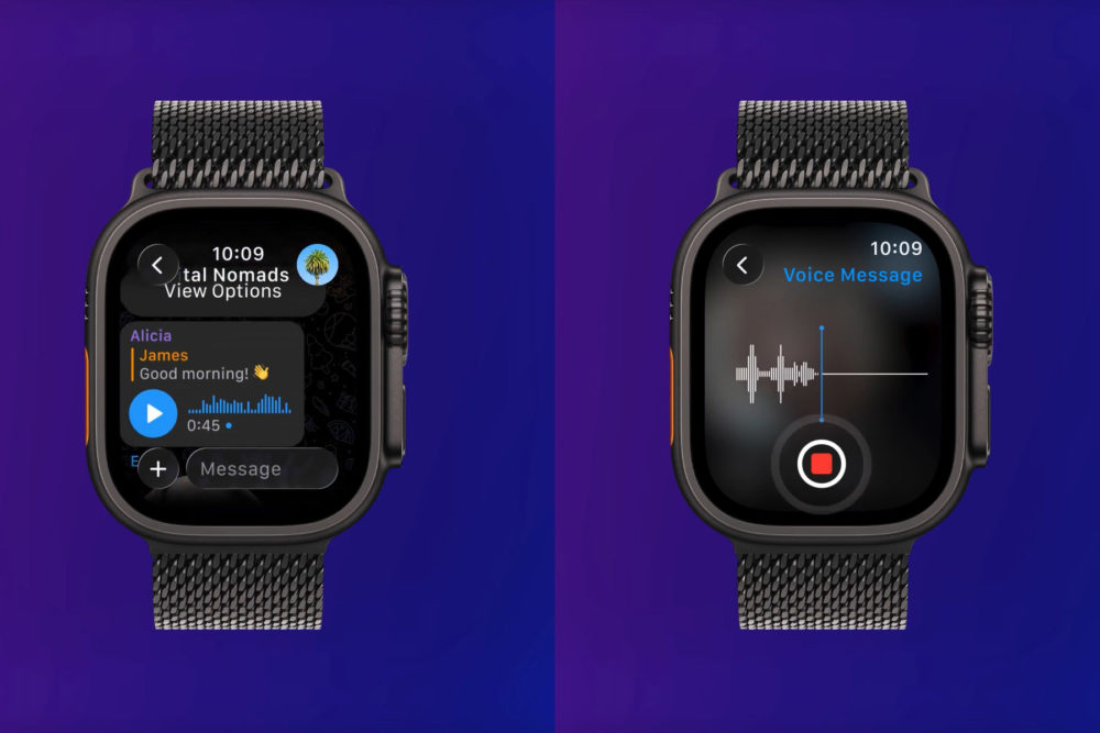 Smartwatch con interfaz de mensajes de audio, visualización de mensajes y grabación de voz en pantalla digital.