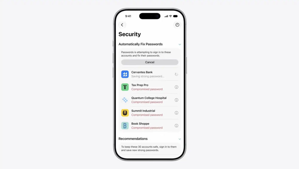 Pantalla de seguridad en iPhone mostrando la corrección automática de contraseñas comprometidas.