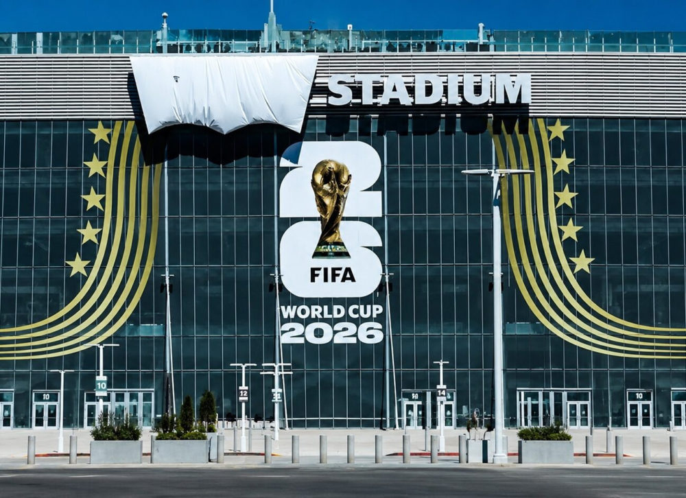 Fachada de estadio con anuncio de la Copa Mundial FIFA 2026, trofeo dorado y diseño moderno en la entrada.