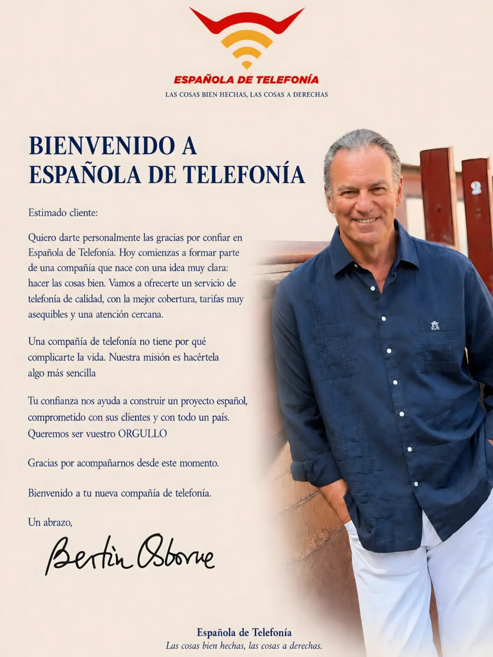 Bienvenida a Española de Telefonía, carta de agradecimiento a clientes. Hombre sonriente con camisa azul.