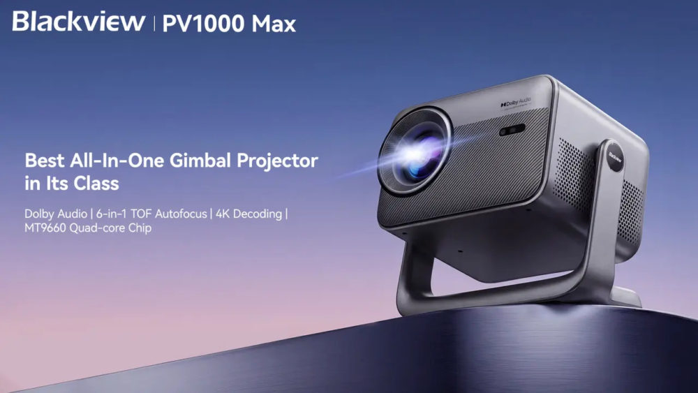 Proyector Gimbal Blackview PV1000 Max con audio Dolby, enfoque automático TOF y decodificación 4K.