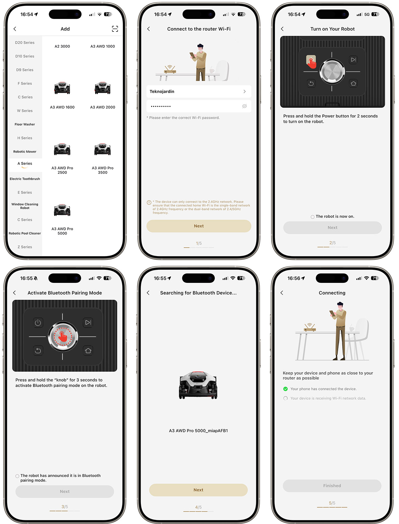 Imagen de pantallas de configuración de un robot conectado a Wi-Fi y Bluetooth en la aplicación móvil.