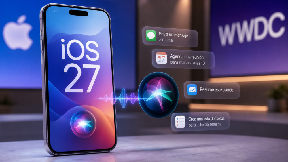 iOS 27 presentado en WWDC, mostrando nuevas funciones y asistentes virtuales en un iPhone moderno.