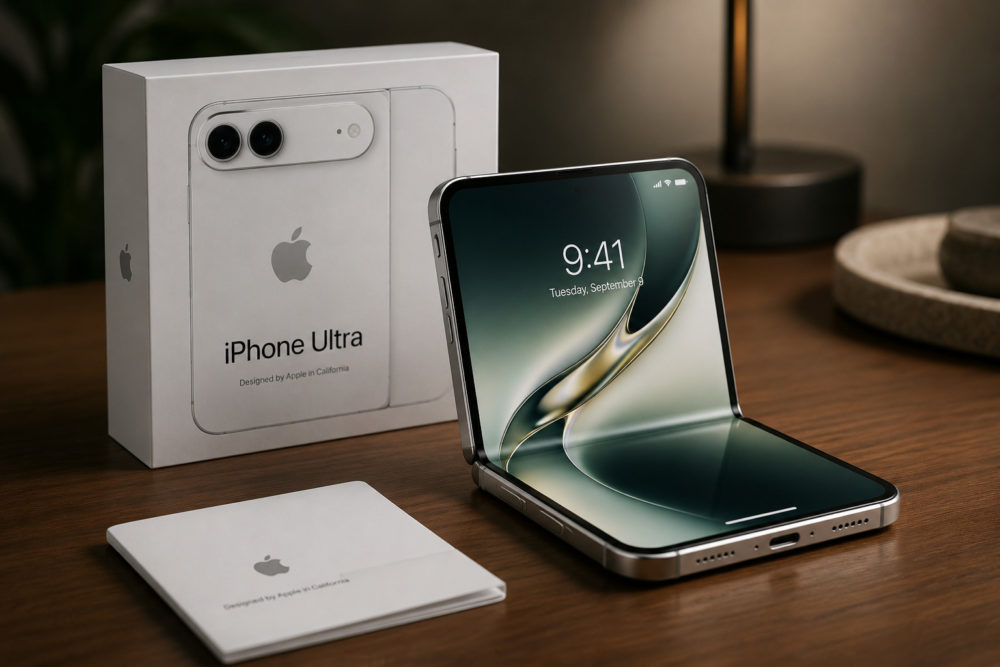 iOS 27 revela nuevas pistas sobre el esperado iPhone plegable de Apple Nuevo iPhone Ultra plegable sobre mesa, junto a caja y manual, mostrando pantalla de inicio con fecha.