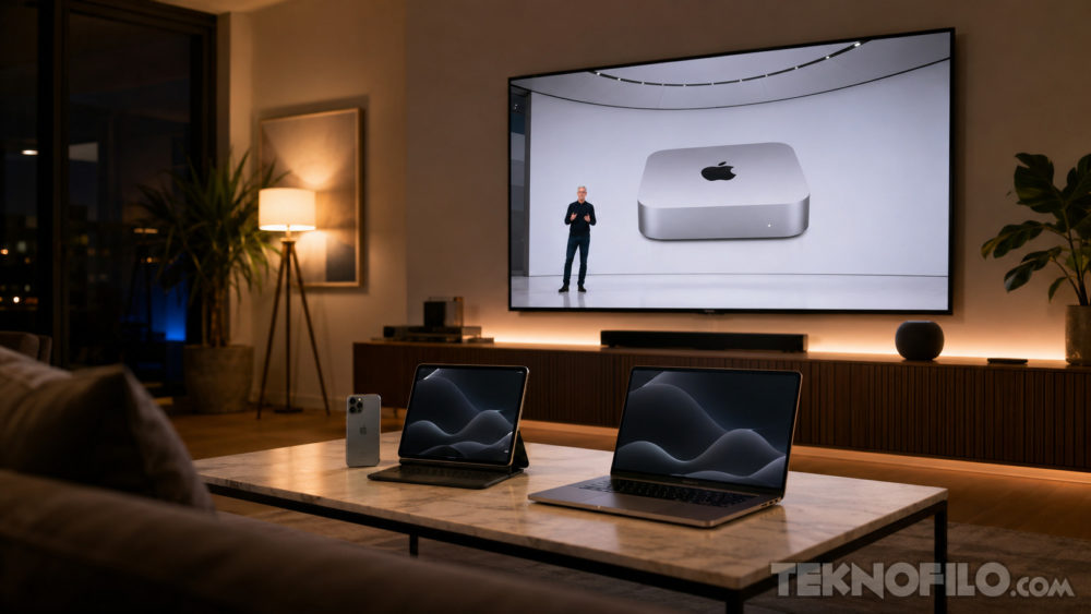 El curioso truco de Apple para evitar que la palabra «Siri» active tus dispositivos en casa durante la keynote Sala moderna con dispositivos Apple y presentación en pantalla grande. Tecnología y diseño en armonía.
