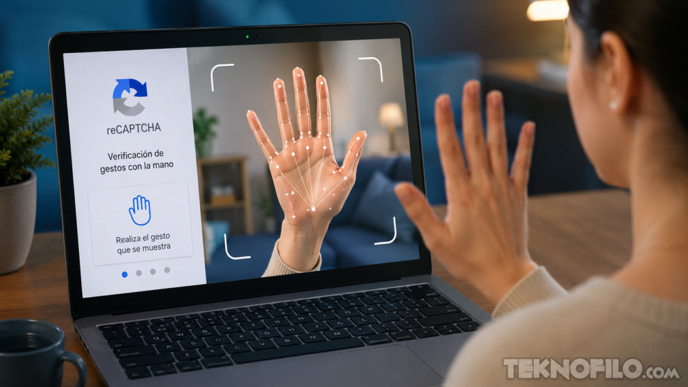 Olvida los semáforos y los pasos de cebra: reCAPTCHA quiere ahora que muevas la mano ante la cámara Persona usando reCAPTCHA de gestos con la mano en un portátil para verificación de seguridad.
