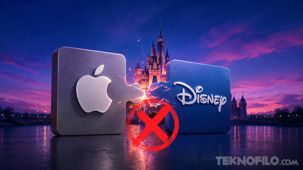 El ex CEO de Disney confirma conversaciones pasadas con Apple para una posible fusión Logos de Apple y Disney separados por una X roja frente a un castillo al atardecer, simbolizando desacuerdo.