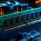 Tarjeta de memoria RAM en placa base de computadora, resaltada por luz azul y naranja en entorno de alta tecnología.