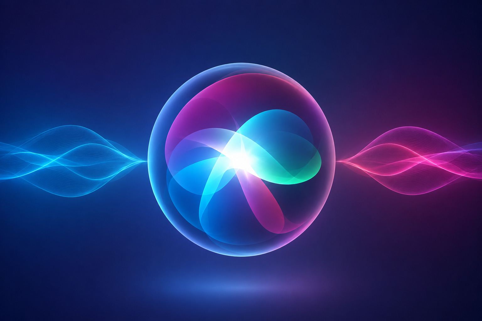 Esfera abstracta con colores vibrantes en fondo oscuro, mostrando ondas de luz azul y rosa.