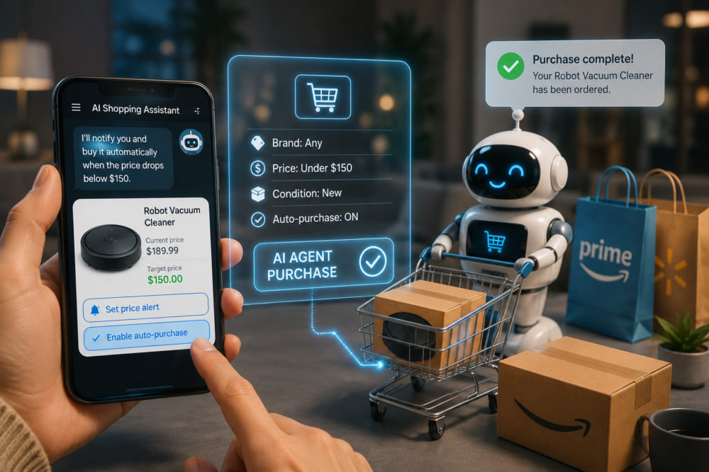 Asistente de compras por IA completando compra de aspiradora robot con carrito y paquetes de envío en fondo.