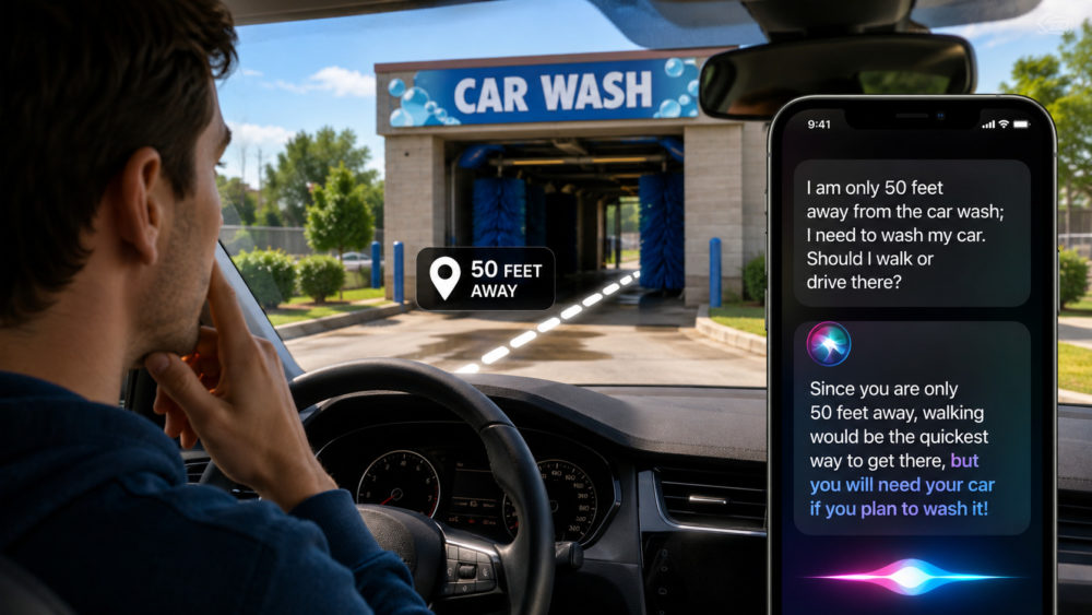 La nueva Siri AI supera la pregunta que deja en ridículo a muchas inteligencias artificiales Hombre en coche cerca de autolavado, consulta en móvil si debería caminar o conducir 50 pies para lavar su auto.