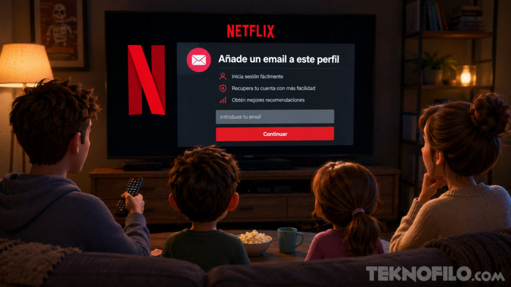 Familia viendo pantalla de Netflix solicitando correo electrónico para perfil, escena de noche acogedora.