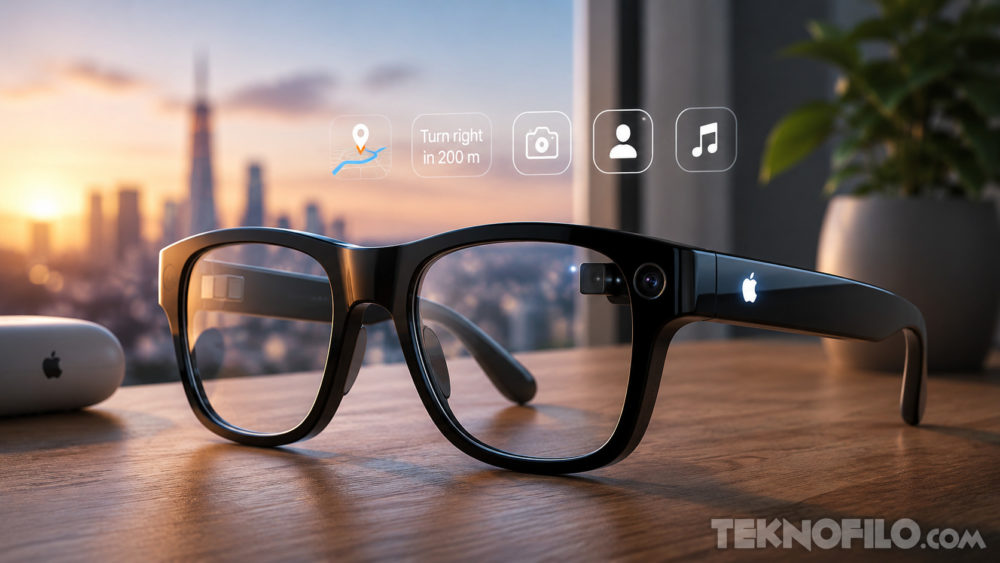 Las gafas inteligentes de Apple se retrasan: no llegarían a las tiendas hasta 2028 Gafas inteligentes en una mesa con íconos holográficos de navegación, cámara y música; vista de ciudad al atardecer.
