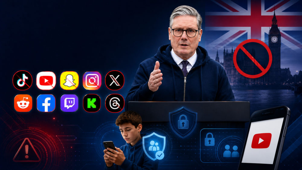 Reino Unido prohibirá TikTok, YouTube e Instagram a los menores de 16 años Persona hablando sobre seguridad en redes sociales frente a bandera británica, íconos de apps y señales de advertencia.