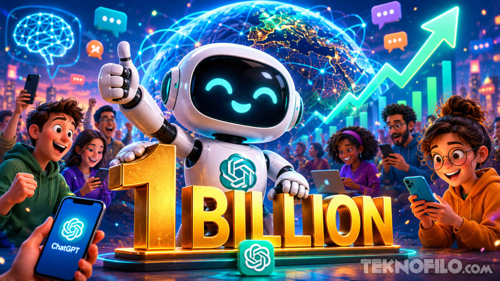 Robot celebrando el logro de mil millones de usuarios con personas felices usando tecnología avanzada.