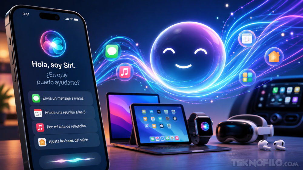 Apple explica por qué la nueva Siri con IA ha tardado tanto en llegar Pantalla de iPhone con Siri activado, rodeada de dispositivos Apple y aplicaciones flotantes en un fondo futurista.