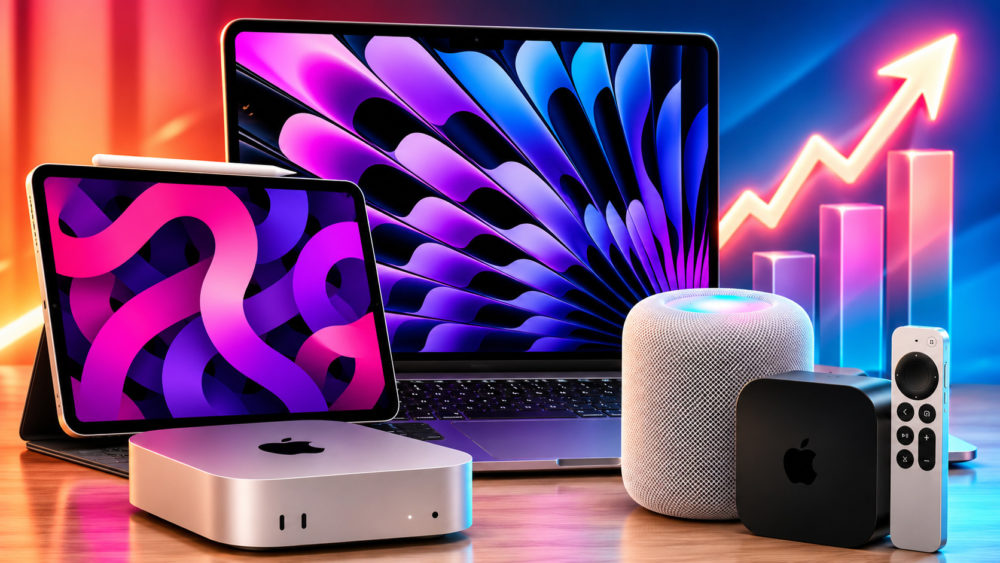 Dispositivos Apple sobre una mesa: laptop, tablet, altavoz y control, con gráficos de tecnología en el fondo.