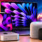 Dispositivos Apple sobre una mesa: laptop, tablet, altavoz y control, con gráficos de tecnología en el fondo.