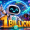 Robot celebrando el logro de mil millones de usuarios con personas felices usando tecnología avanzada.