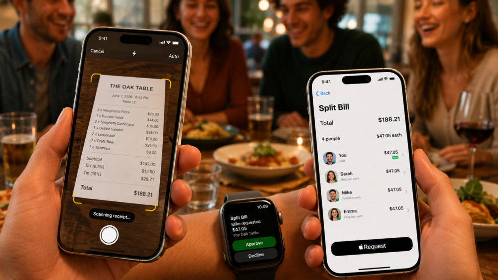 Personas dividiendo cuenta de restaurante con smartphones en mesa, usando aplicación para escanear y gestionar pagos.