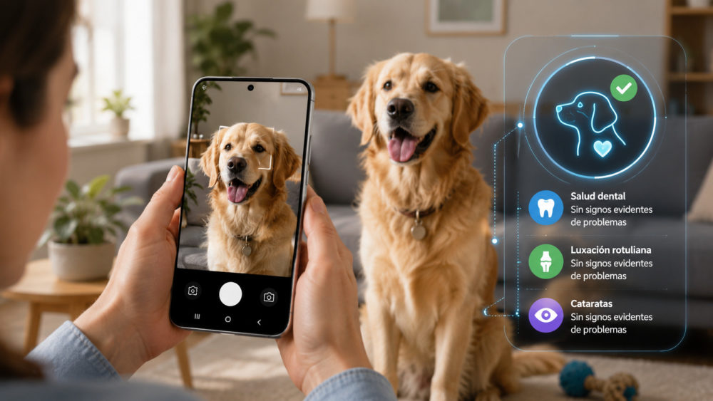 Samsung permitirá revisar la salud de tu mascota con una foto desde el móvil Persona usando aplicación móvil para revisar la salud de un perro Golden Retriever con resultados de salud visualizados.