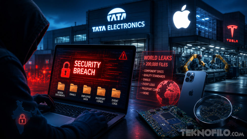Más de 200.000 archivos de Apple y Tesla han acabado en la dark web Ciberseguridad comprometida: filtración de datos en Tata Electronics. Amenaza global visible en pantalla.