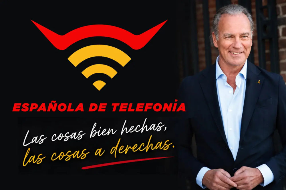 Publicista en traje junto al logo de Española de Telefonía y el lema Las cosas bien hechas, las cosas a derechas.